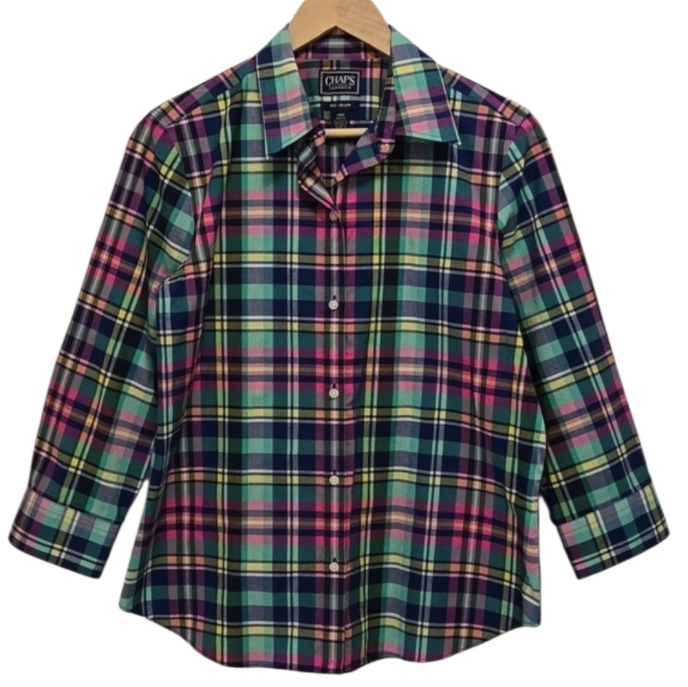 Chaps Women's No Iron Plaid Button Down Shirt Size L Easter Spring 3/4 Sleeve‎
